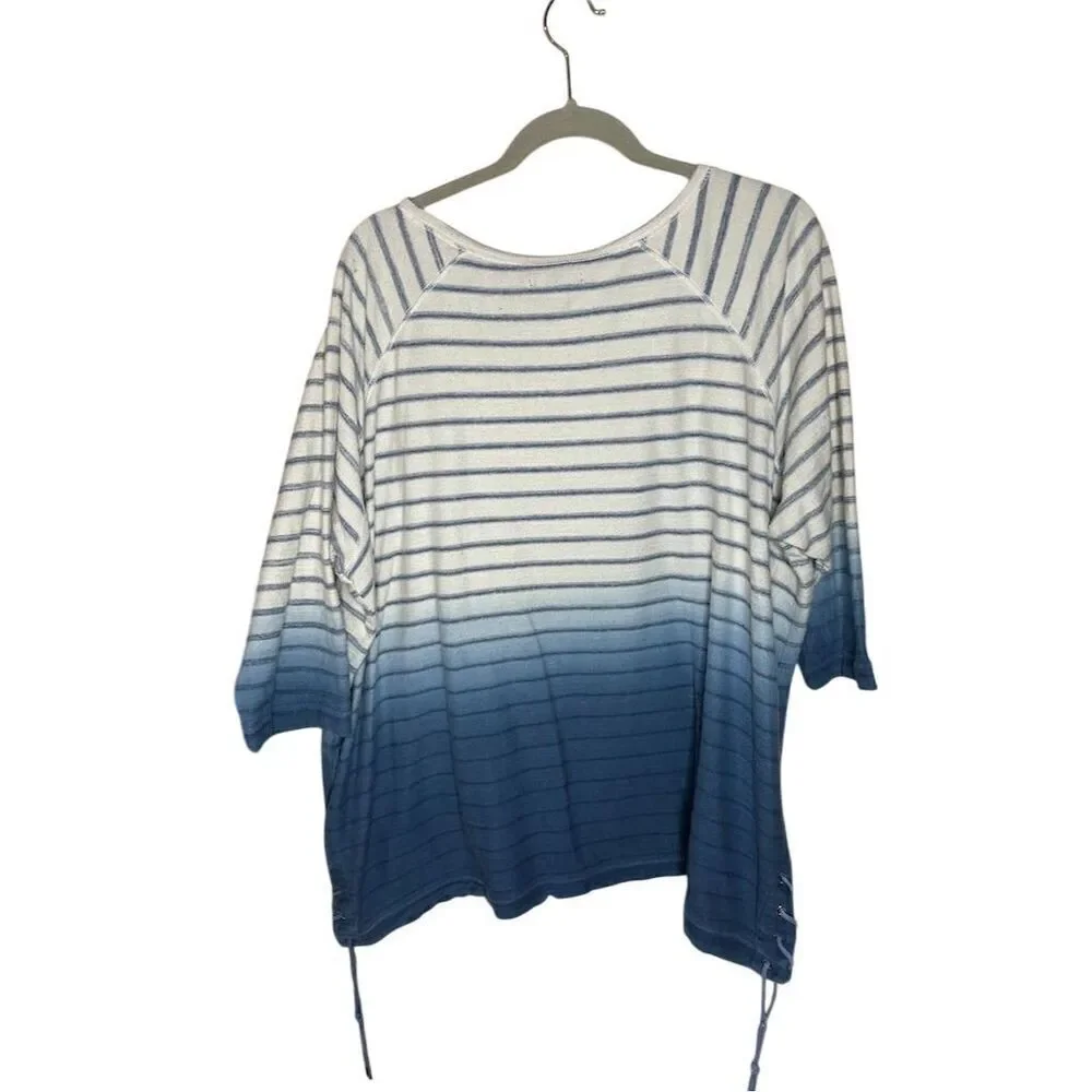 Chaps Women's 2XL Blue Ombré Striped 3/4 Sleeve Pullover Top